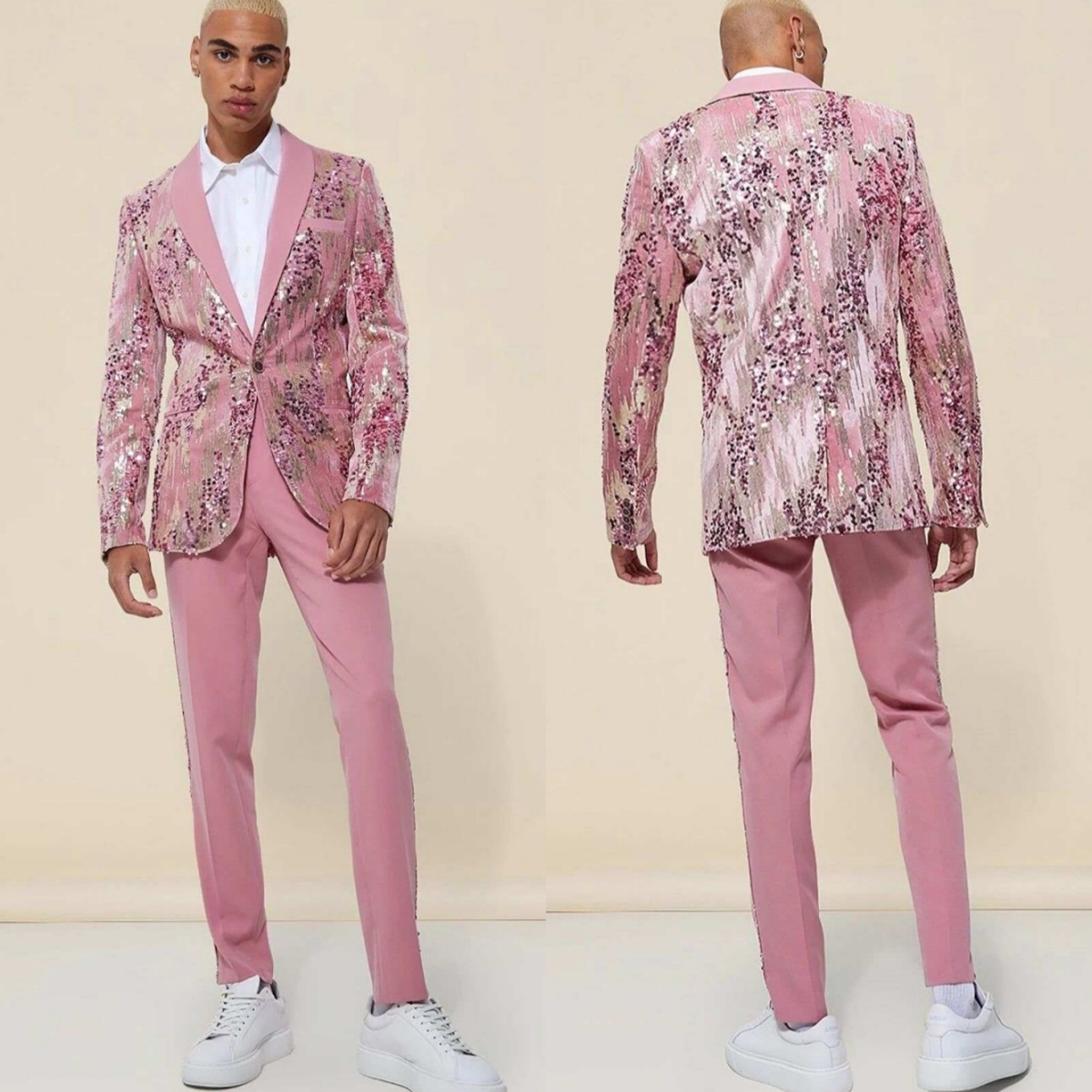 Cool Wedding Tuxedos One Button Sequins Casual Men Suit Shawl Lapel 2 Piece Set Jacket Pants Groom Business Blazers Customized