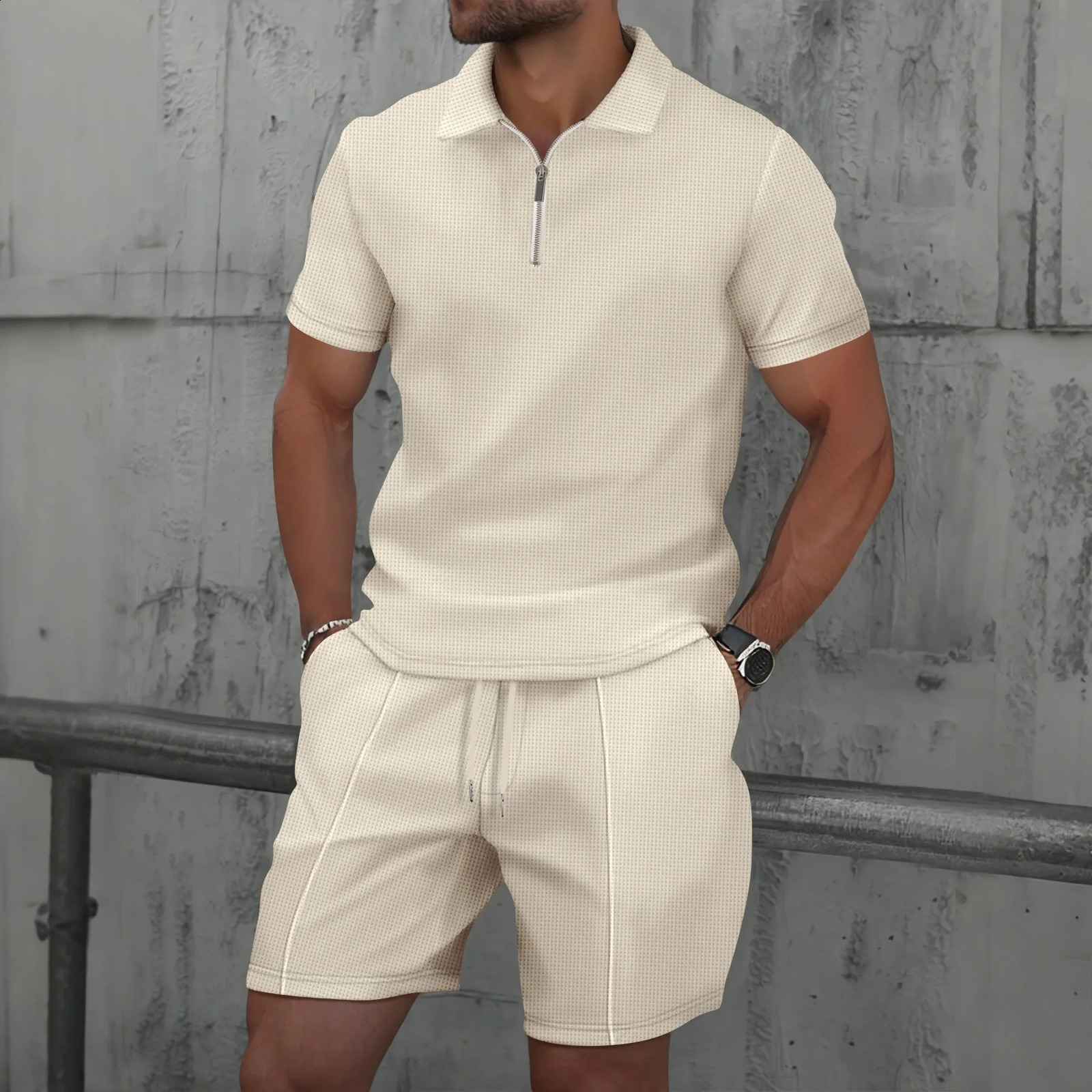 Mens European and American Summer Waffle Solid Color Zipper Collar Short Sleeve Set Two Sets 250318