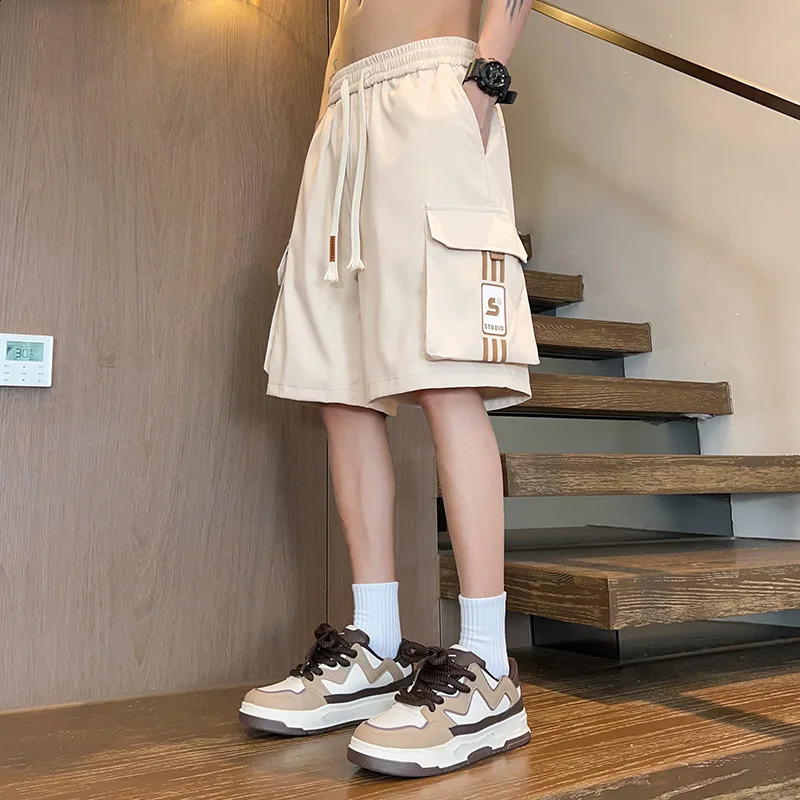 Mens Cargo Shorts Solid Color Multiple Pockets Short Pants Summer Elastic Waistband Drawstring Casual Men 250319
