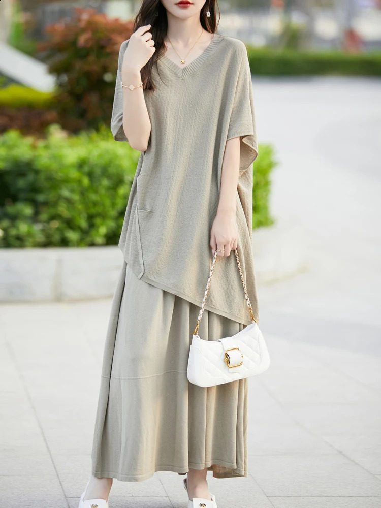 CAIXINGLE Summer Womens Short Sleeve Skirt Suit Fashionable Elegant Wool Skirt Irregular Trendy T-shirt 250318