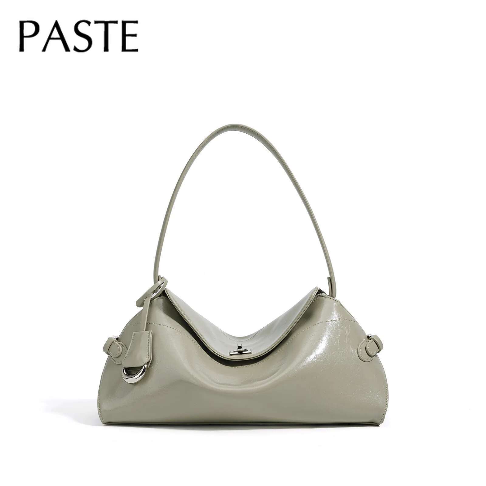 2025 New Leisure Matcha Beige Color Large Bowg Tote Oil Wax Glossy Cowhide Leather Women Handbag All-Match Commuter Purse