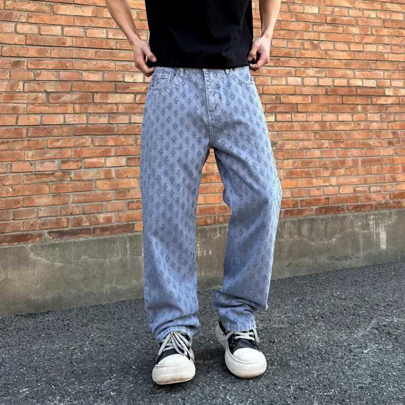 Pink jeans mens 2025 fashionable multi-color design hip-hop trend street mens loose straight leg wide leg washed jeansT250319