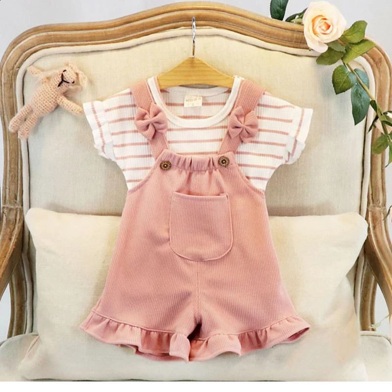 Summer Toddler Baby Girls Clothing Sets Kids Short Sleeves Cotton Stripped T-shirtSolid Overalls Infant Girls Casual Clothes 250319