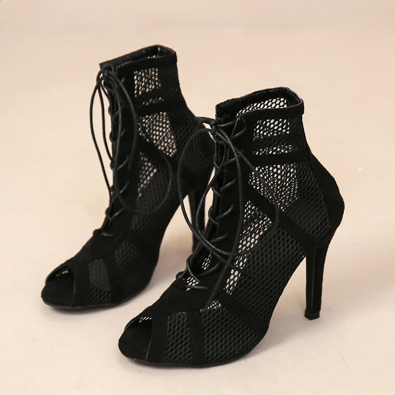 Sexy High Heels Hollow Mesh Sandals Women Summer Cross-tied Peep Toe Heeled Sandals Ankle Strap Dance Shoes Black Net Sandals 250317
