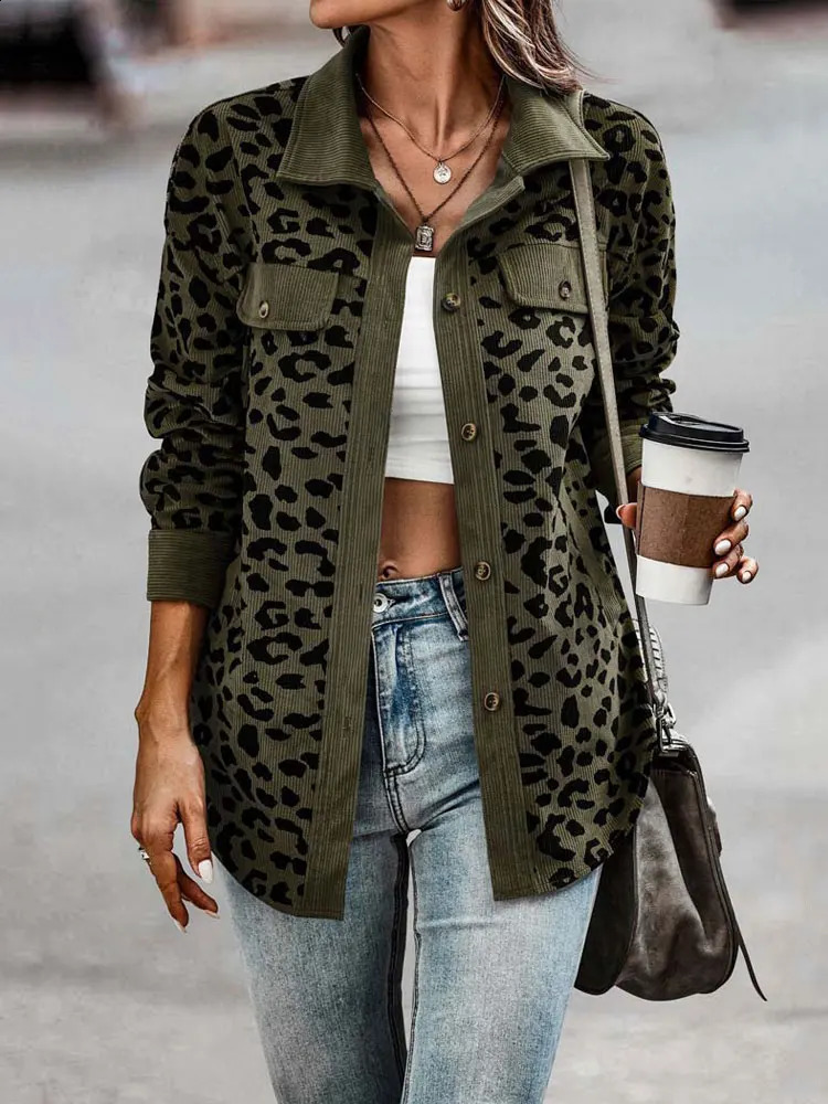 Autumn Leopard print Jacket Womens Corduroy Jacket Coat Womens Jacket Long Sleeve Winter Loose Shirt Womens Jacket 250317