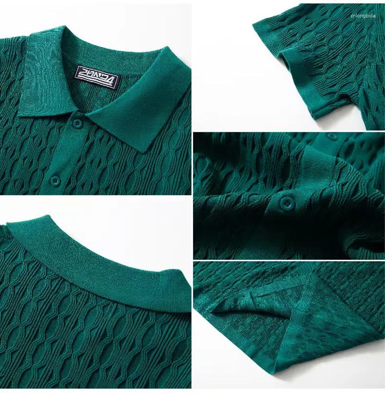 Mens Polos Spring Summer Knit Polo Shirt Men Casual Turn-down Collar Button Solid Geometric Pattern Top Ice Silk Tee Vintage Cardigan