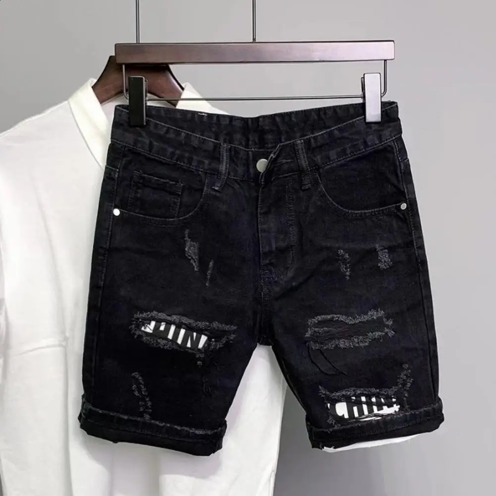Summer mens torn patch denim shorts with straight button zipper pockets short sleeves long 250317