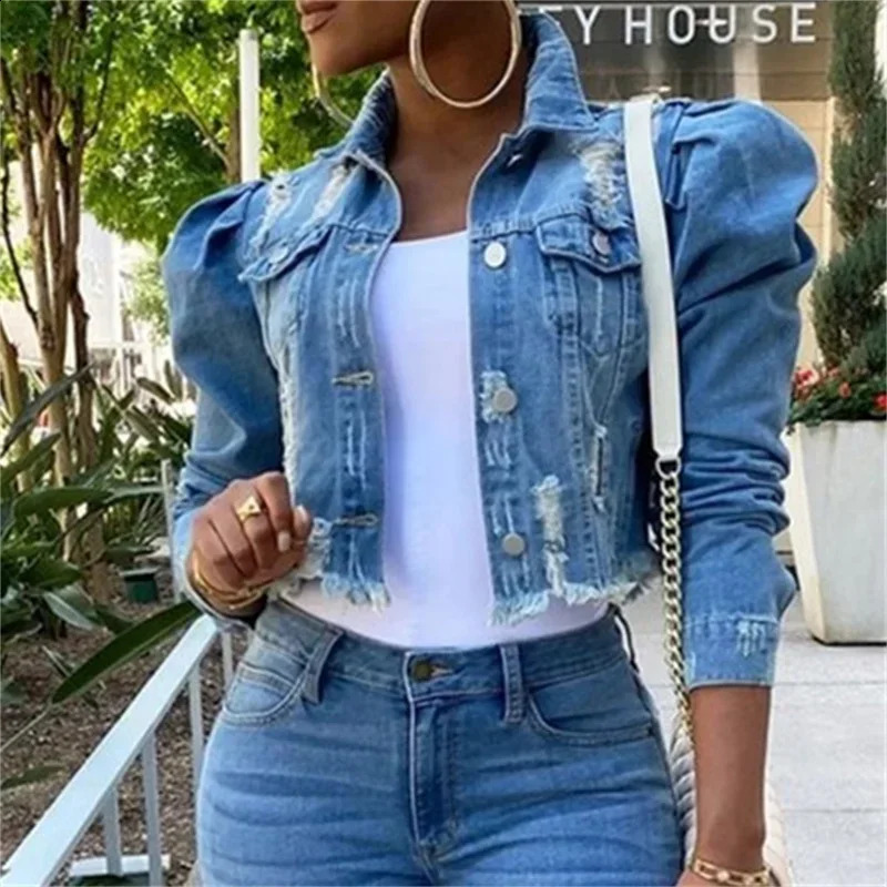 Fashionable Bubble Long Sleeve Collar Button Spliced Denim Jacket for Womens Piercing Tassel Trend Street Clothing 250319
