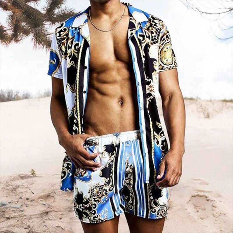 Summer floral print short sleeved beach shorts two sets for casual vacation mens casual 2-piece set 250317
