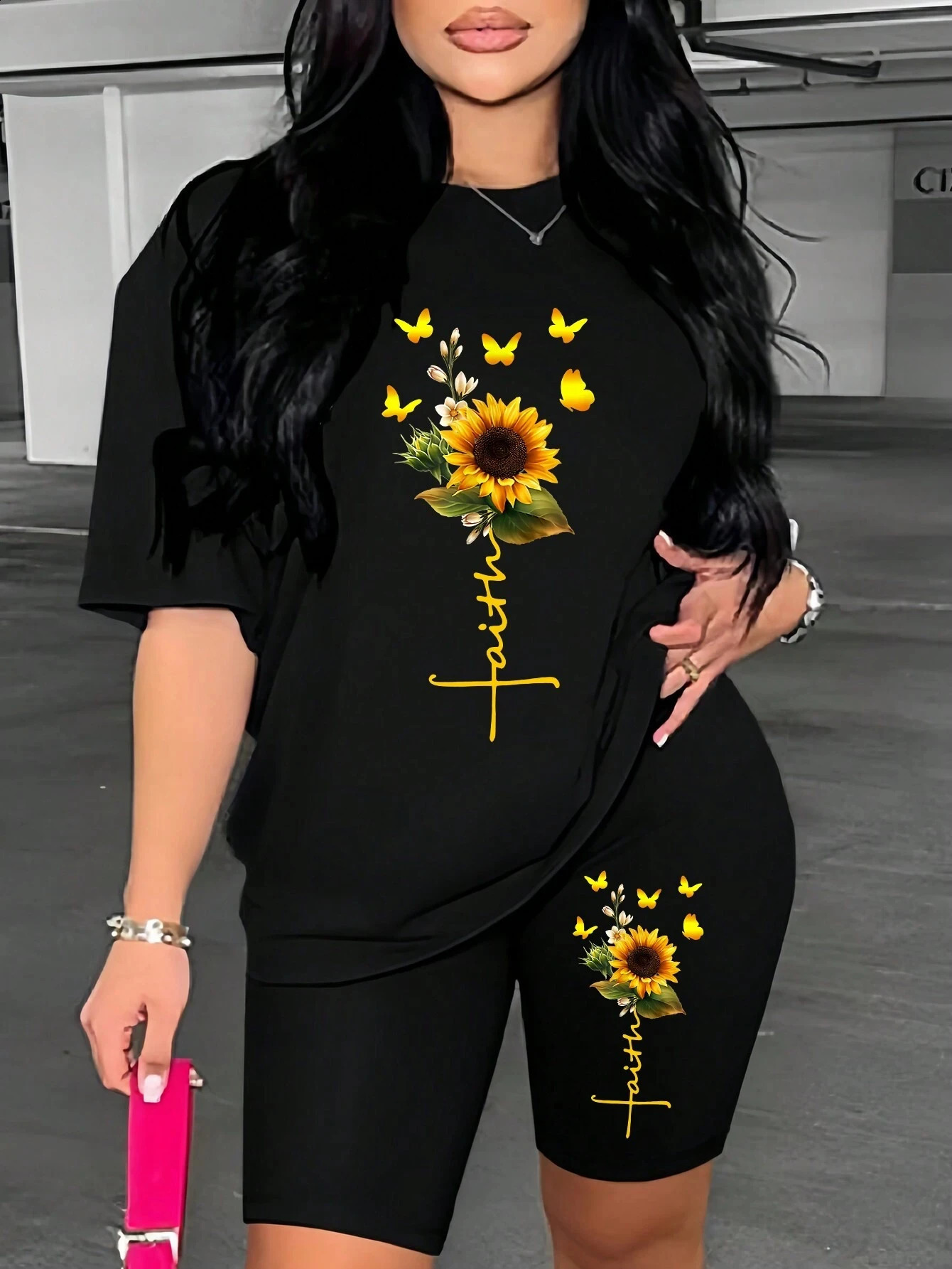 Sunflower Butterfly Beautiful Printing Women T Shirts Two Piece Set Fashion Short Sets Comfortable Breathable Shirt Shorts 250319