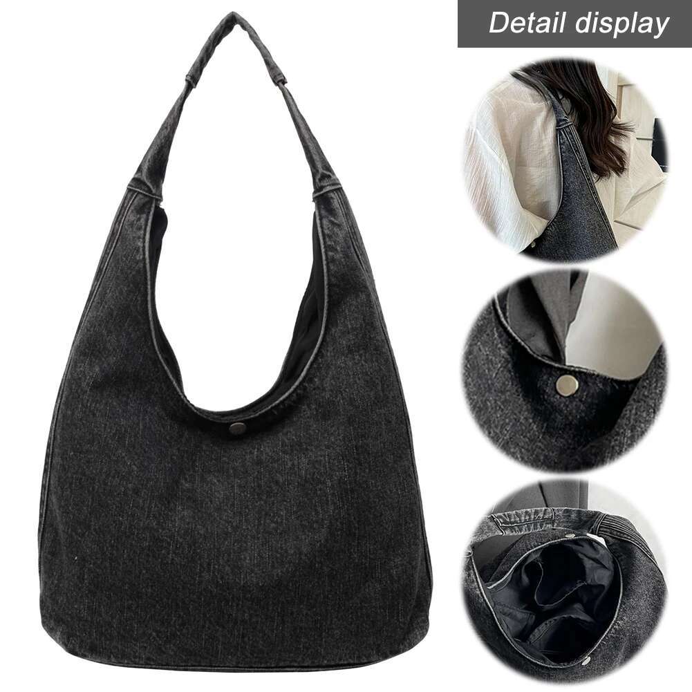 Women Vintage Shoulder Large Capacity Denim Simple Hobo Solid Color Versatile Shopping Female Daily Commute Bag