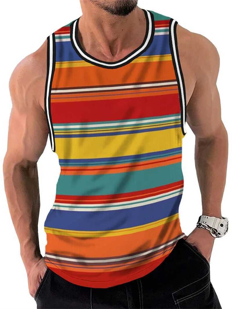 Retro striped graphic tank top mens fashionable casual summer sleeveless 3D printed vest loose crew collar quick drying sports T-shirtT250318