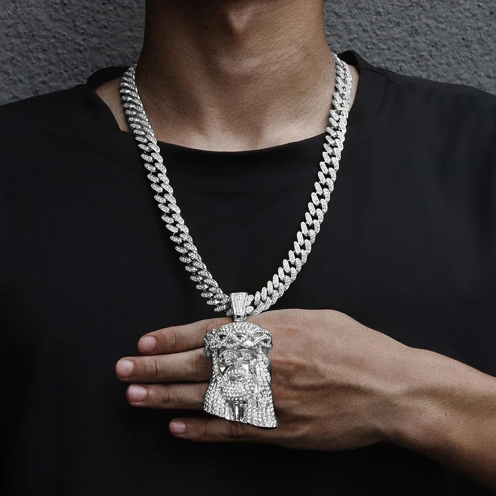 Iced Out Jesus Christ Head Charm Pendant Rhinestone Necklace With 13mm Miami Cuban Link Chain Hip Hop Style For Men Women Gift 250313