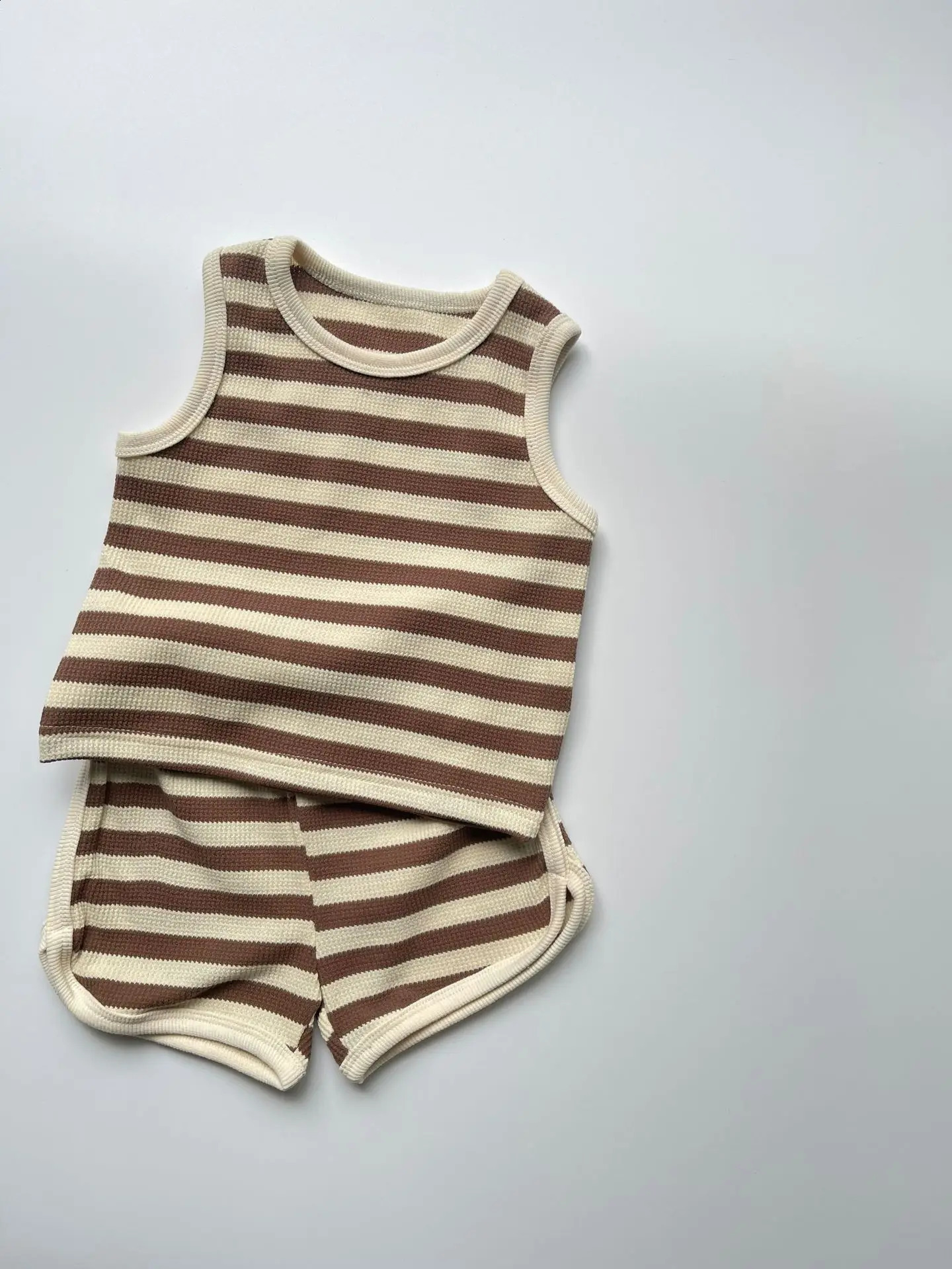 Summer Boy Girl Children Waffle Striped Sleeveless Tops Shorts 2pcs Baby Cotton Loose Thin Vest Suit Kid Casual T-shirt Set 250319