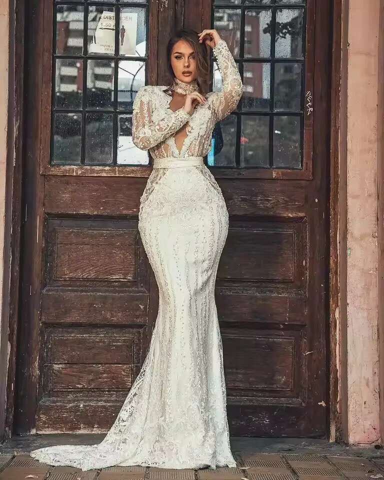 Modern Ivory Mermaid Evening Dresses 2025 Hig Neck Long Sleeves Bridal Gown Pearls Lace Backless Sweep Train Customized Dr0319