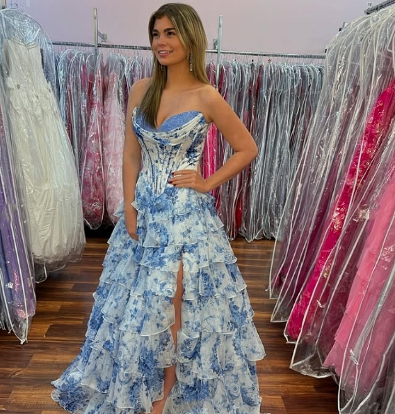 High Slit Blue Floral Printed Chiffon Prom Dresses Tiered Ruffles Long A-Line Sweetheart Evening Gown For Ladies Sweep Train Back Lace-Up Corset Birth