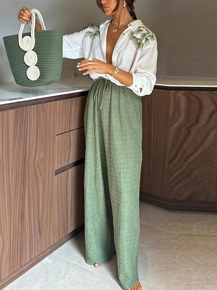Casual Printed Women 2 Pcs Sets Ins Loose Turn-down Collar White Srhirts Fashion Pant Suit Female Clothes Spring Autumn Pant Set 250319