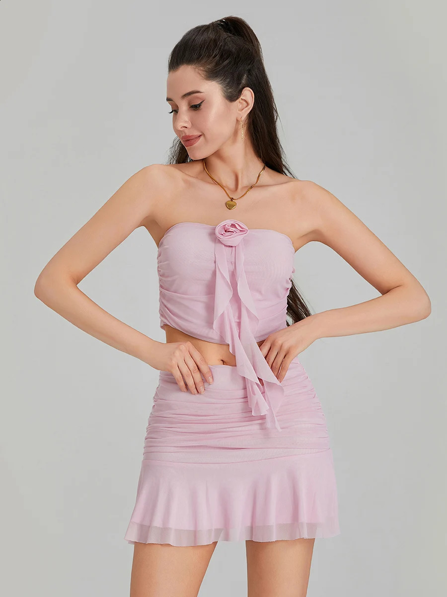 Womens 2 Piece Skirt Outfits Sleeveless Off Shoulder Mesh Bandeau Pink Mini Skirt Set 250319