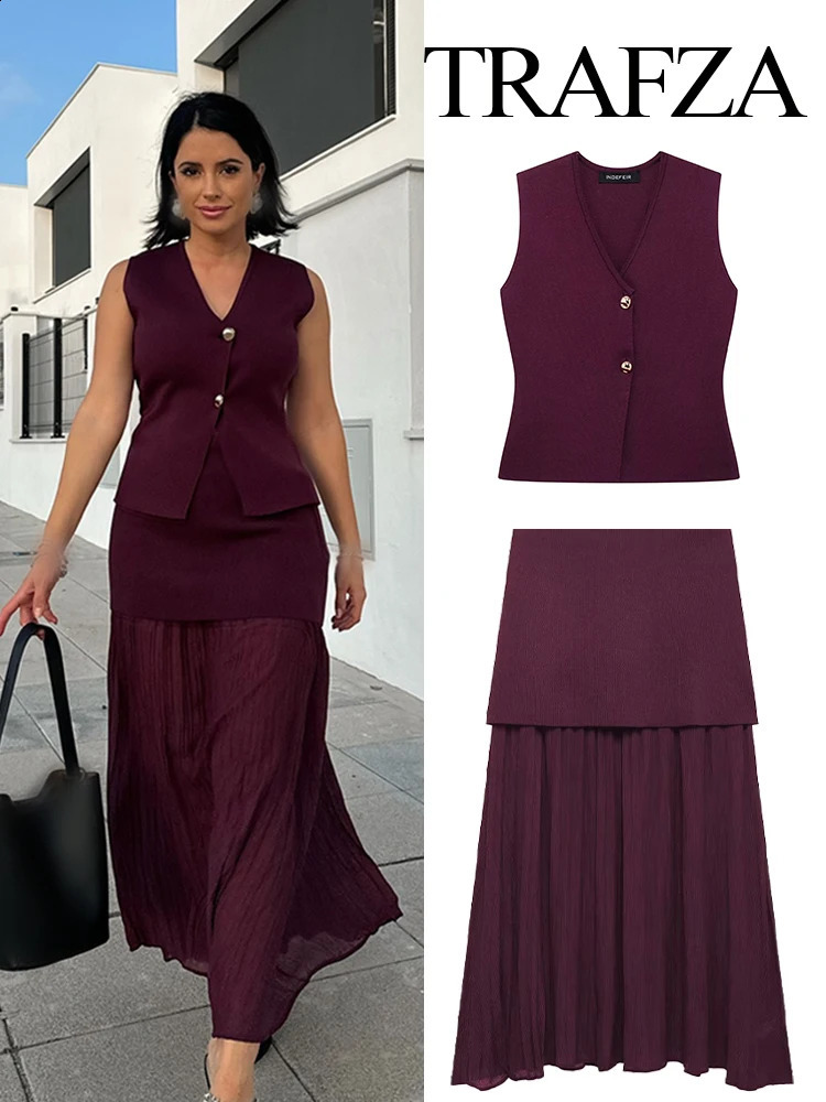 TRAFZA Womens 2piece Vneck Sleeveless Button Knitted Tank TopElegant Splicing High Waist Zipper Long Ski Resort Set 250318