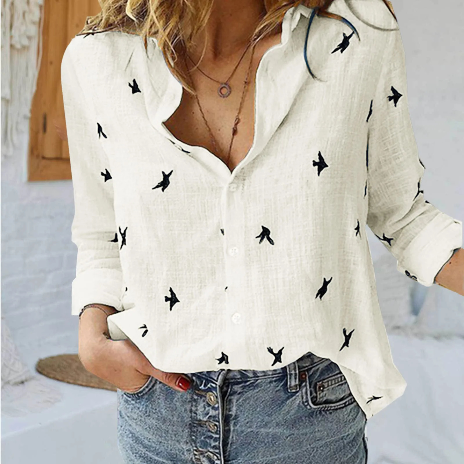 Korean Fashion Blue Pink Collar Shirt Womens Summer Thin Cool Cotton Linen Shirt French Elegant V-neck Long sleeved Shirt Womens 250318