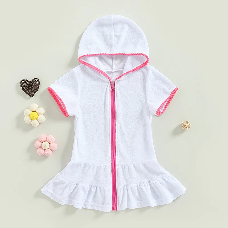 Yiiciovy Summer Kids Girls Swim Hooded Cover Up Terry Bathing Suit Beach Cover-Up Short Sleeve Zip Up Beach Dress for Kids 250319