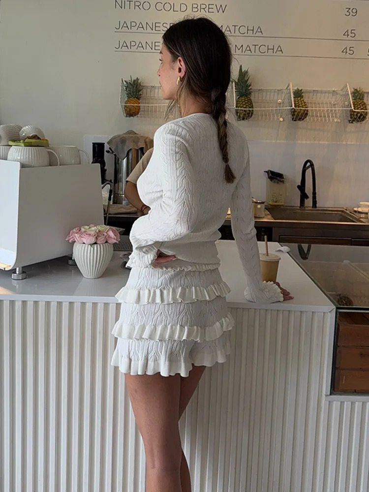 Woman Fashion Knitted Ruffles Shorts 2 Piece Set Elegant Single Breasted O Neck Long Sleeve Slim Cardigan Suit Lady Home Outifit 250319