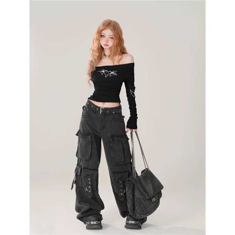 American retro hip-hop high waisted straight jeans 2024 autumn womens casual Y2K Grunge street pocket denim TrouserT250319