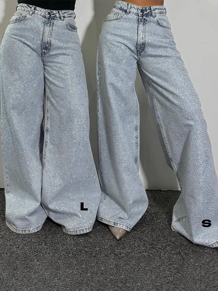 Shiny rhinestone denim womens pants full diamond jeans high rise pockets dragging extremely tight wide leg summer 250317