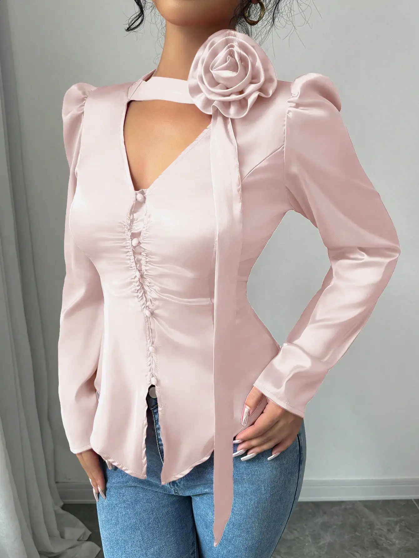 Elegant Communicating Fitted Elastic Ruched High Neck Long Sleeve Shirt with Bow Red AutumnWinter Womens 250318