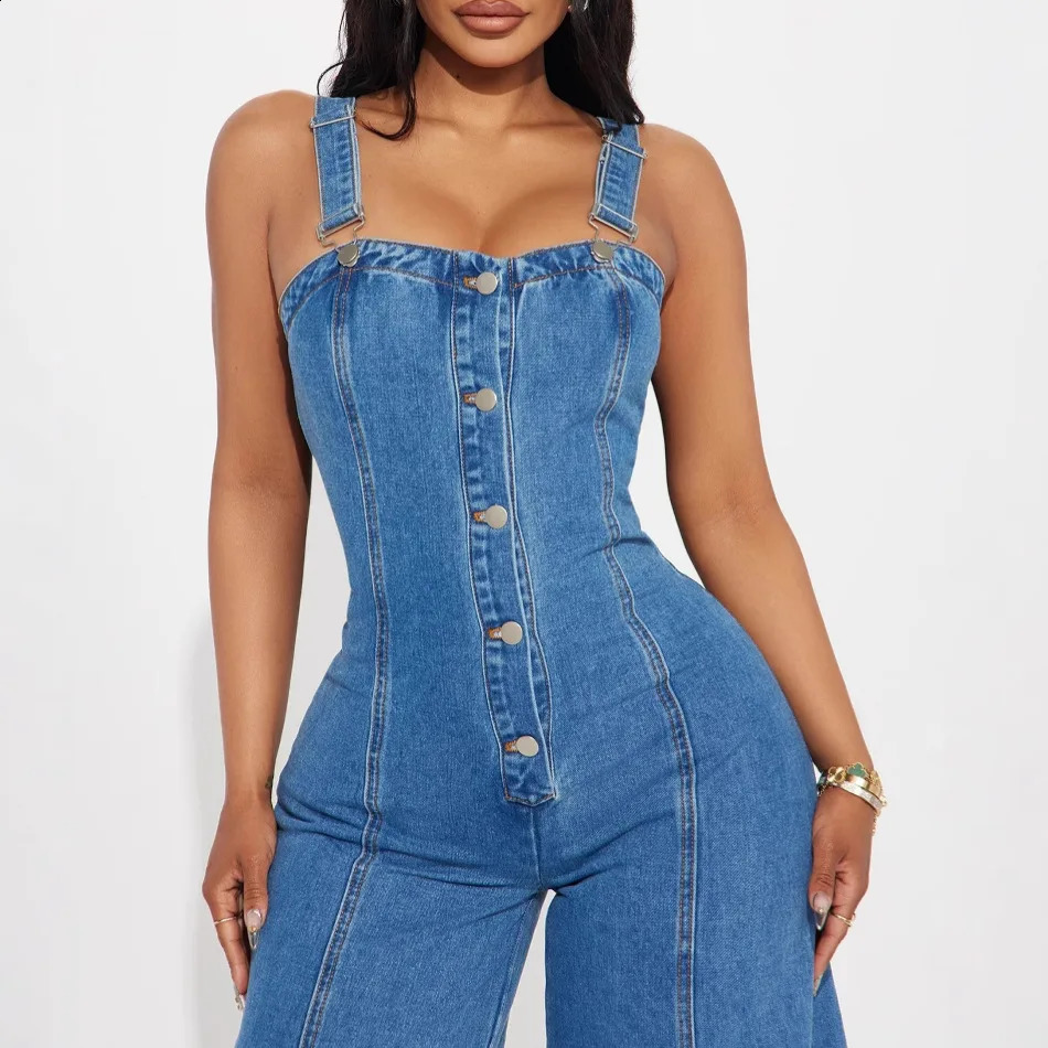 Jumpsuits Women One Piece Slim Fit Sling Sleeveless Demin Overalls Long Pants High Waist Rompers Wide Leg Pant Y2k Streetwear 250319