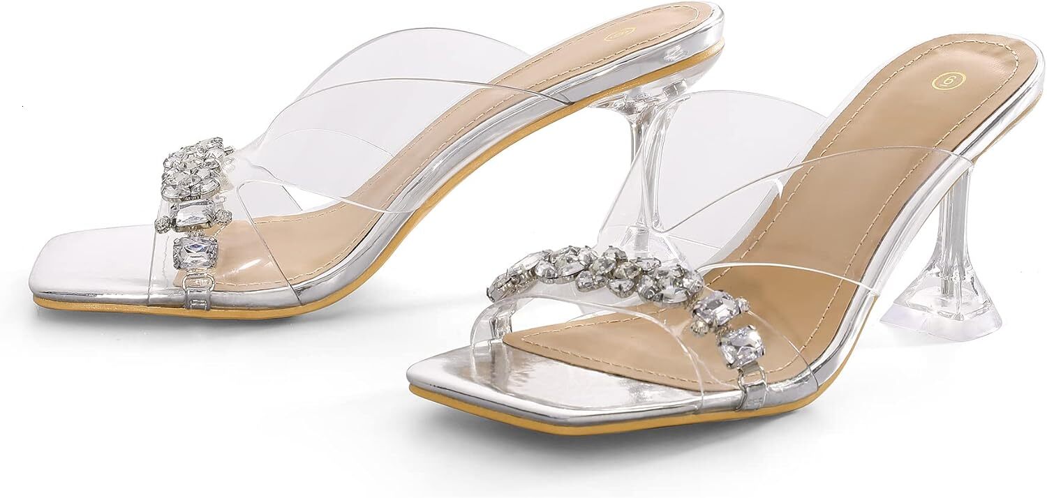 2025 New Designer sandals Women's transparent high-heeled sandals with square toe, transparent slim high heels, Mueller's open toe, one foot