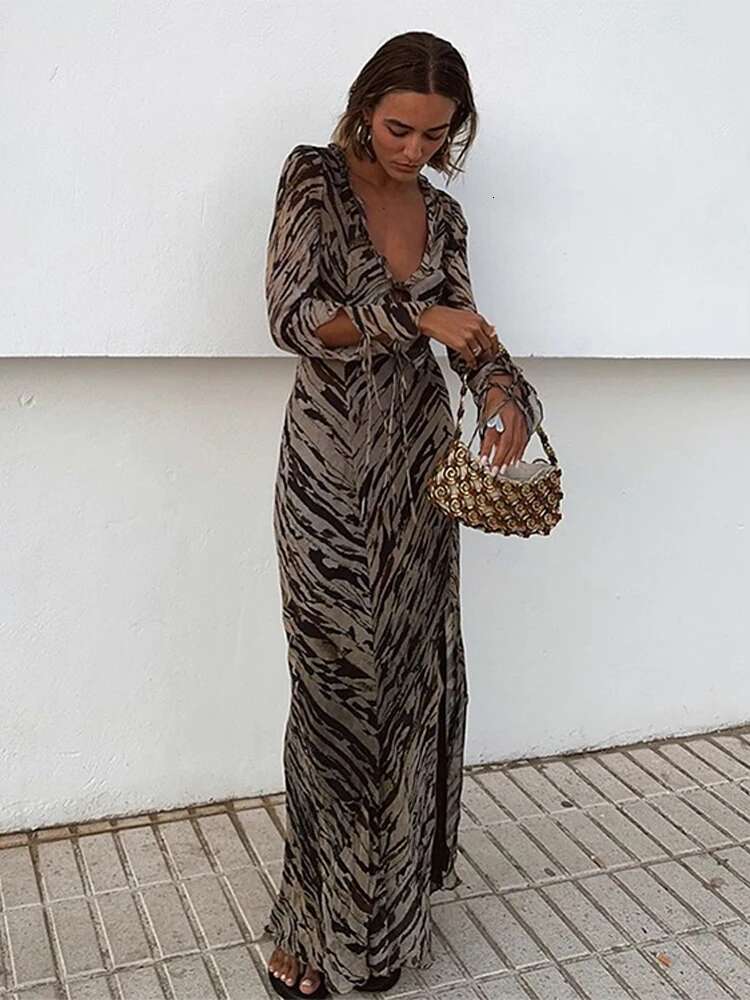 dongdumaoyi Casual Printed Women Maxi Dresses Elegant V Neck Lace Up Long Sleeve Female Dress Summer Autumn New Sexy Ladies Streetwear
