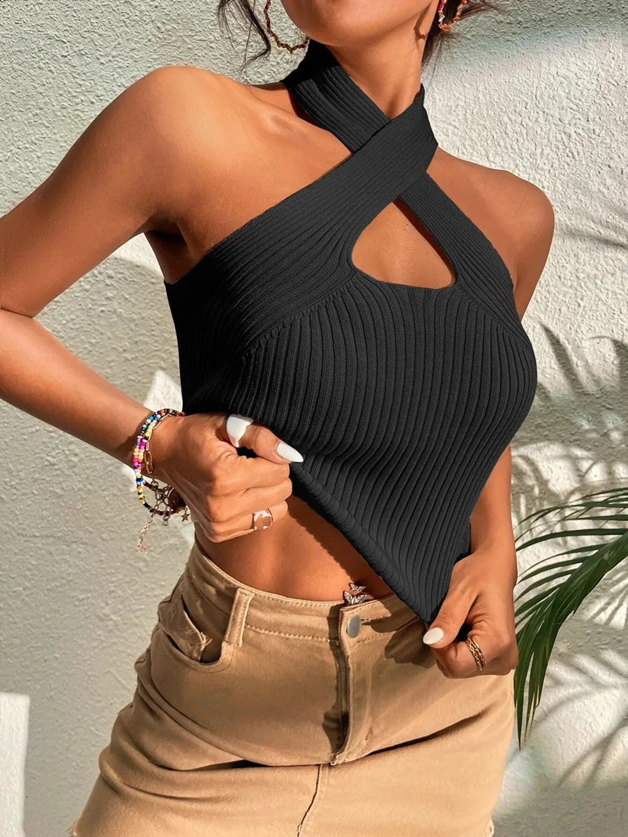 Womwen Summer Fashion Criss Cross Ribbed Knitted Strap Crossfit Y2K Cut Top Womens Sexy Casual Backless Tank 250319