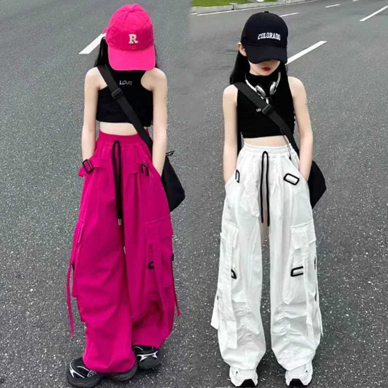 Girls Summer Thin Pants 2025 New Childrens Sports Wide Leg Trouser Youth Freight Pants 5-14Y Big Childrens Fashion ClothingT250318