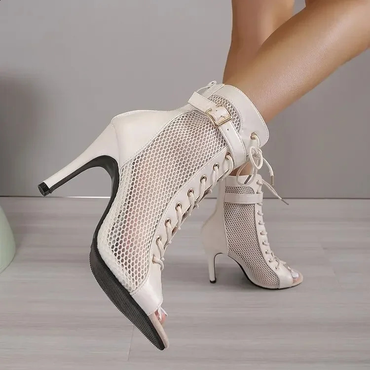 Sandals Hollowed Mesh Heels Belt Buckle Womens Summer Beige Lace-up Sexy Open Toe Boots Stiletto Jazz Dance Party Ladies Shoes 250317