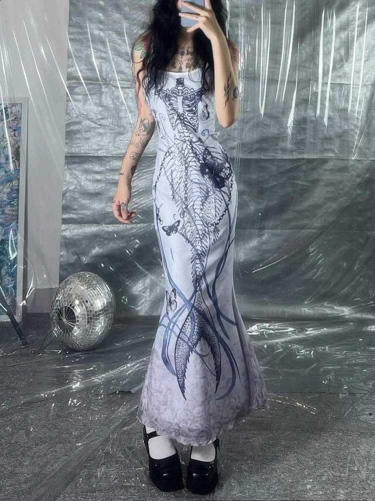 Sweetown Print Goth Y2K Spaghetti Straps Dress Women Aesthetic Mermaid Summer Dresses 250319