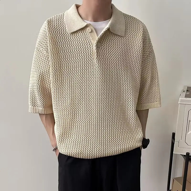 Hollow solid color mens polo shirt daily casual loose knit top. Breathable and durable T-shirt 250317