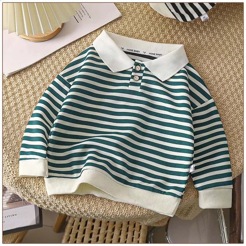Autumn Spring Polo Shirt For 1-10Y Boys Striped Turndown Collar Kid Boys Bottoming Shirt Casual Threaded Cuffs Infant Girls Tops 250319