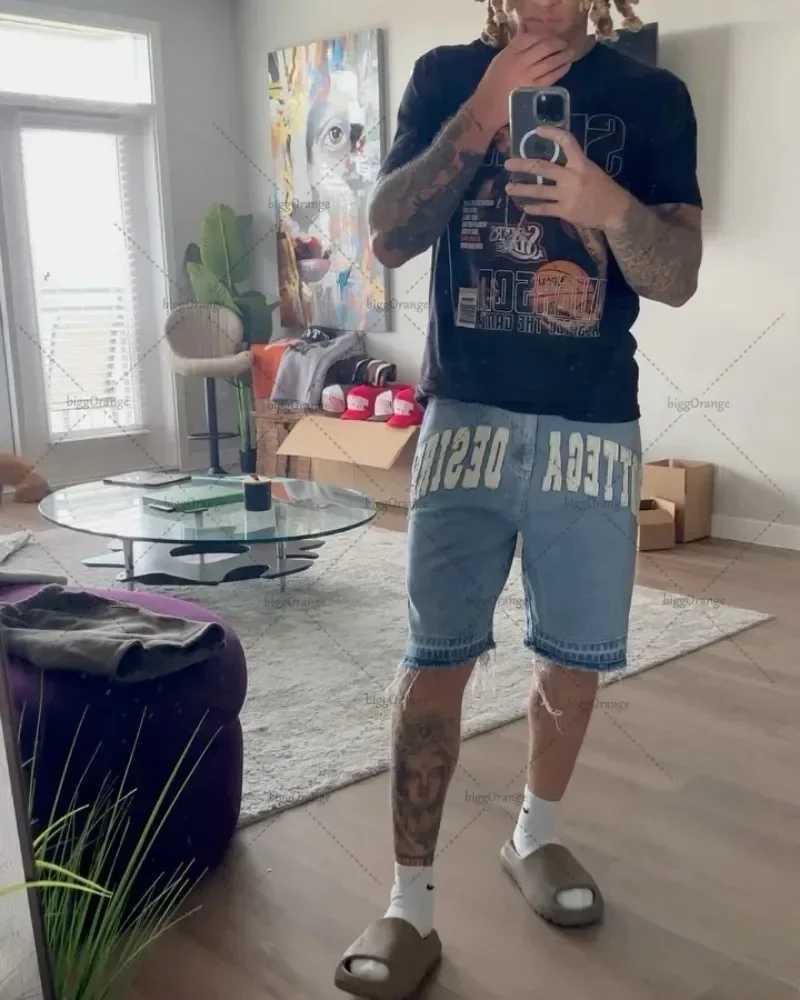 Y2K Fashion Letter Embroidery Loose Versatile Jeans Men American Street Hip-hop Retro Harajuku Casual Denim Shorts Women W250319