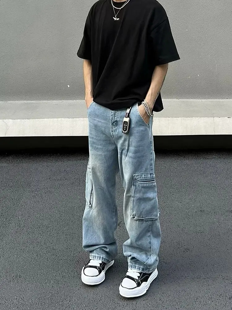 Ropa Y2K Fashion Multi Pocket Laundry Blue Pocket Jeans Mens Cargo Pants 90s Retro Clothing Straight Denim Trouser 250317