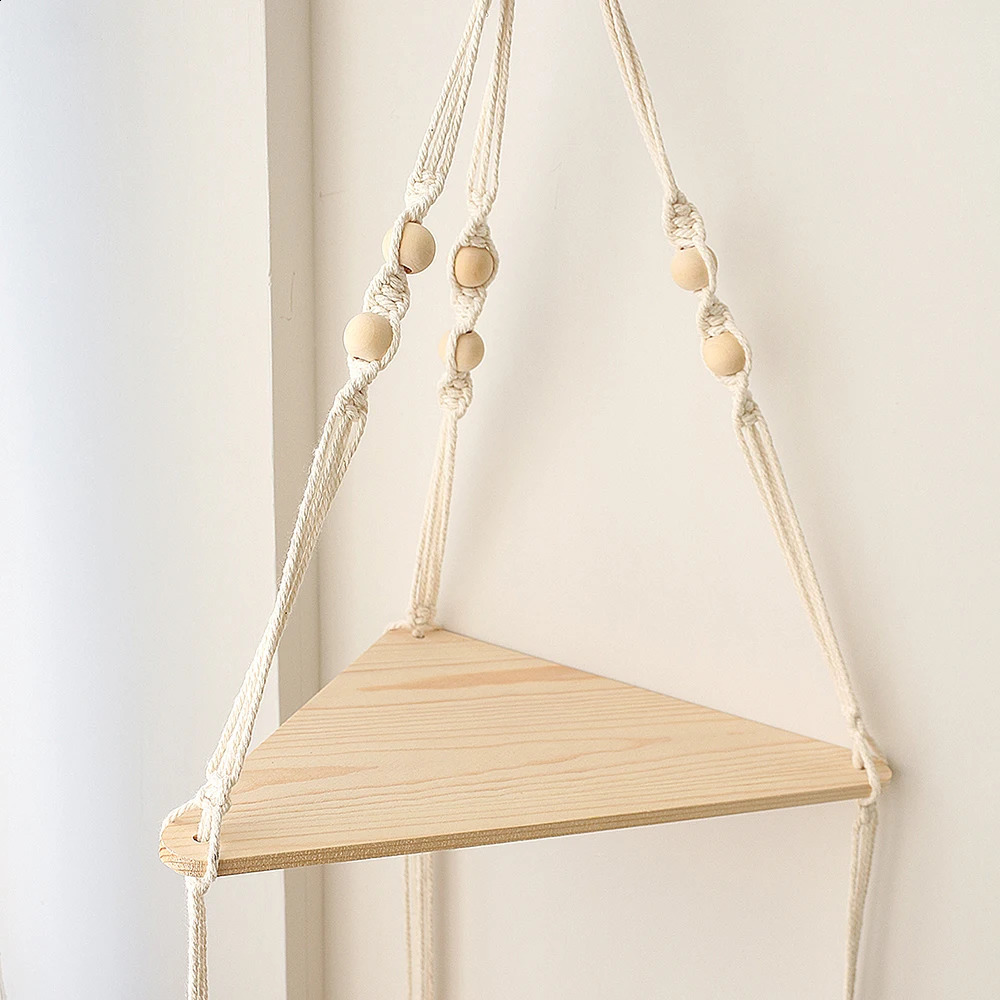 Corner Shelf Macrame Wall Hanging Wood Floating Shelves Rustic Boho Wall Shelf Decor Storage Rack for Plants Pots Po Frames 250314