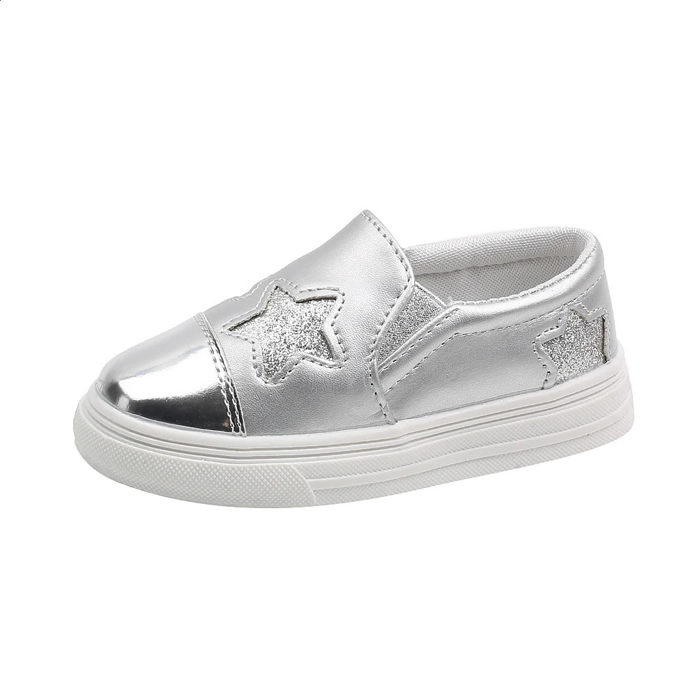 Childrens casual shoes suitable for medium to large girls childrens flat smooth skin patches glitter star fashion soft and cute 250319