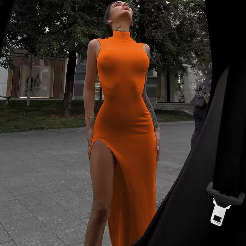 Y2k Sleeveless Orange Midi Womens Dresses Side Slit Turtleneck Setting Bodycon Sexy Party Elegant Dress Basic Vintage Robe 250319
