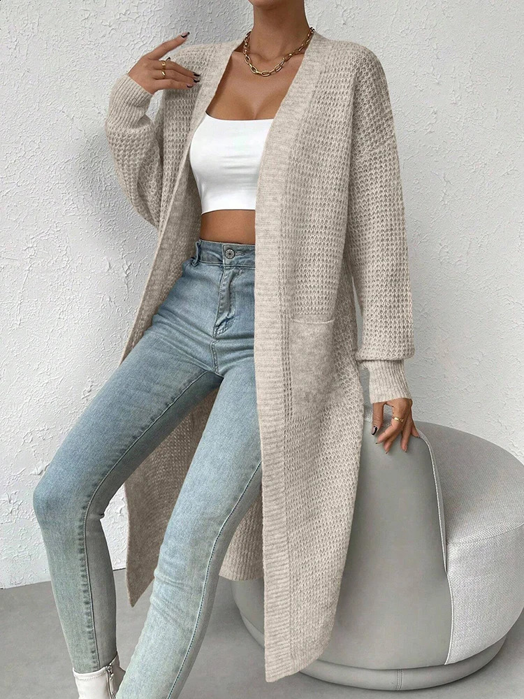 Fashionable and elegant solid color knitted sweater V-neck mid length hollowed out cardigan sweater womens top 250318