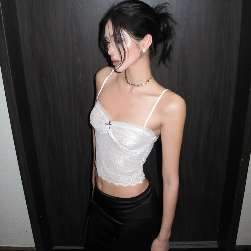 CUTENOVA sexy lace decal work backless Camisol small tank top bow decoration spicy girl solid color Versatile summer 250319