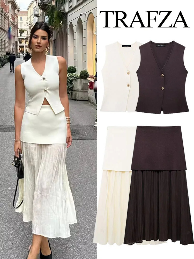 TRAFZA Womens 2piece Vneck Sleeveless Button Knitted Tank TopElegant Splicing High Waist Zipper Long Ski Resort Set 250318