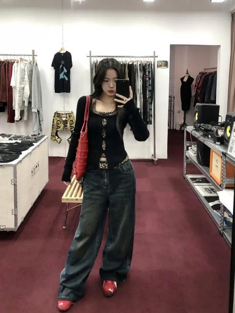 Tonngirls Sexy Skinny Two Pieces Tops Women Leopard Tank Tops Black Tops Hollow Out Y2k Vintage Tops American Retro 90s Tshirt 250319