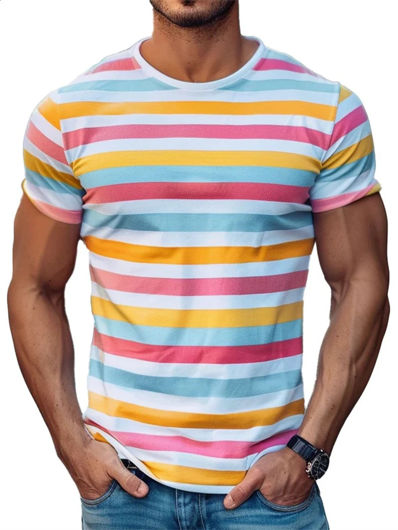 Fashion Stripe 3D Printed T Shirts For Men Summer Casual Crew Neck Short Sleeve Tshirt Loose Vintage Breathable Tees Pullovers 250319
