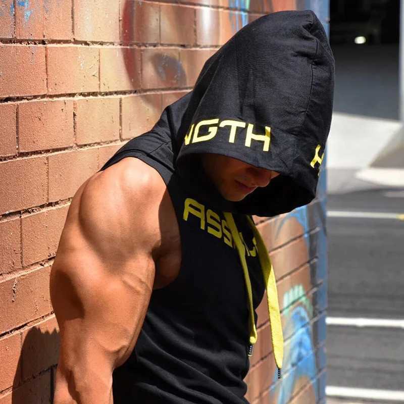 Mens vest fitness suit sleeveless hoodie cotton single set mens jogging vest fitness casual wearT250318