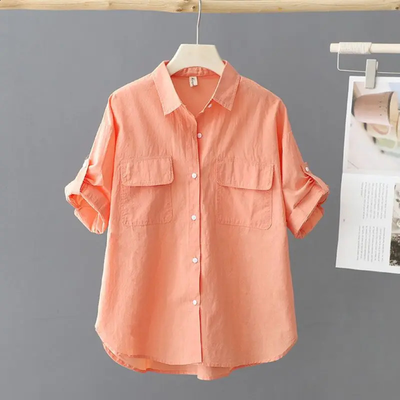 Collar pink solid short sleeved loose shirt and top casual single chest spring simple OL jacket 250312
